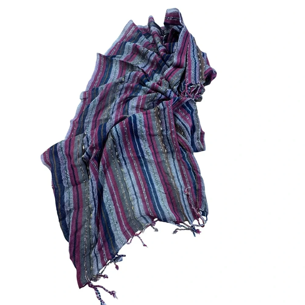 Boho Striped Metallic Shimmer Lightweight Fringe Scarf Magenta Navy Gold tribal
